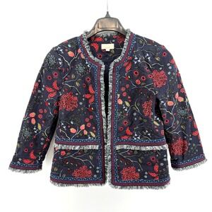 Ann Taylor Loft Womens 8 Pre-Owned Blue Strawberry Floral Fringed Blazer Jacket